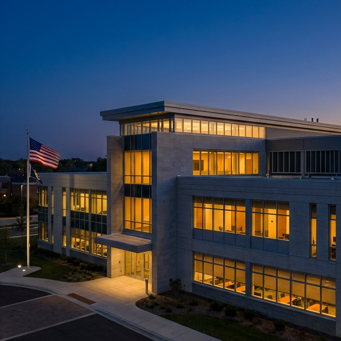 Aerial twilight photograph of Naperville, Illinois municipal center building exterior with warm interior lighting glowing through large windows, American flag softly lit, civic architecture, deep navy blue sky, gold and amber light tones matching #c9982a and #1a2e4a color palette, sharp realistic detail, professional architectural photography style