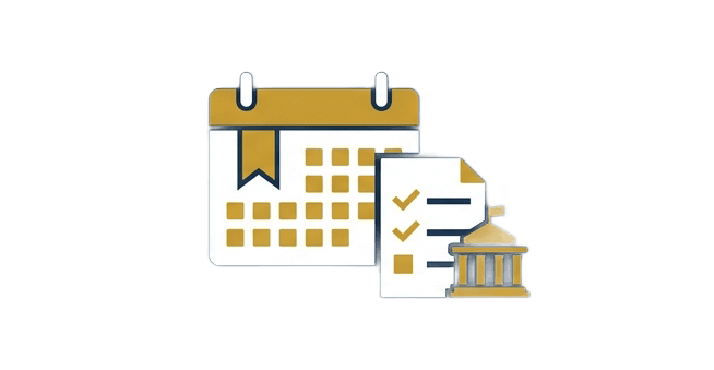 Flat vector illustration of a calendar page with a gold bookmark ribbon, a checklist document and a small city hall building icon. Deep navy #1a2e4a background, gold #c9982a accents, white details, minimal and clean civic icon style, no text