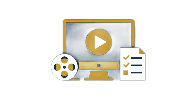 Flat vector illustration of a play button on a monitor screen with a small film reel and a document with checkmarks alongside. Deep navy #1a2e4a background, gold #c9982a highlights, white icons, minimal civic media style, no text